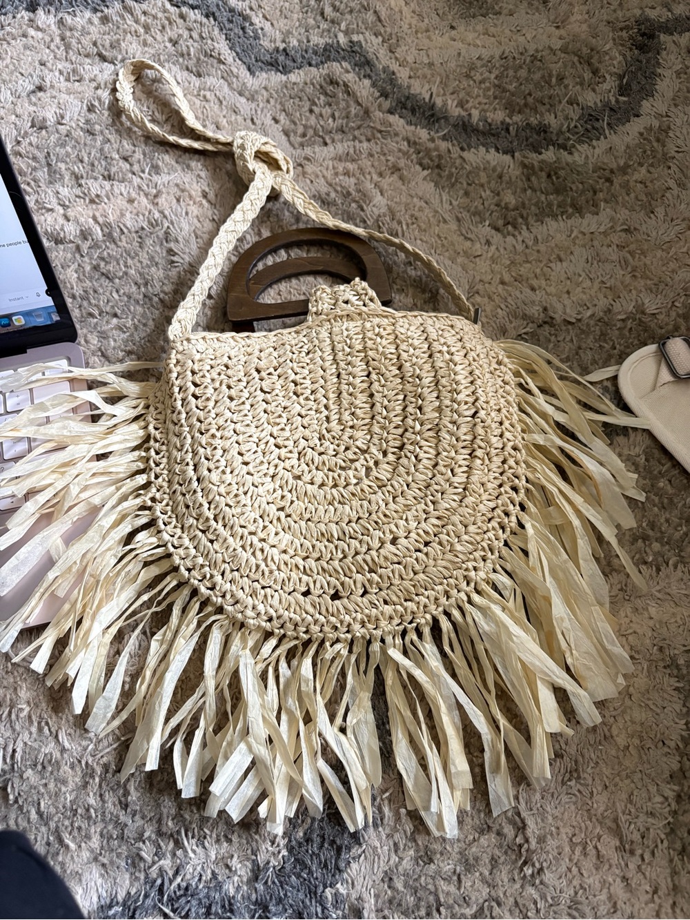 Handwoven Straw Fringe Crossbody Bag in Natural Cream